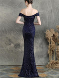 Gorgeous Off the Shoulder High Slit Sequin Evening Gown Dress