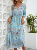 Women's Hawaiian Floral Printed V Neck 3/4 Sleeve Flowy Boho Dress