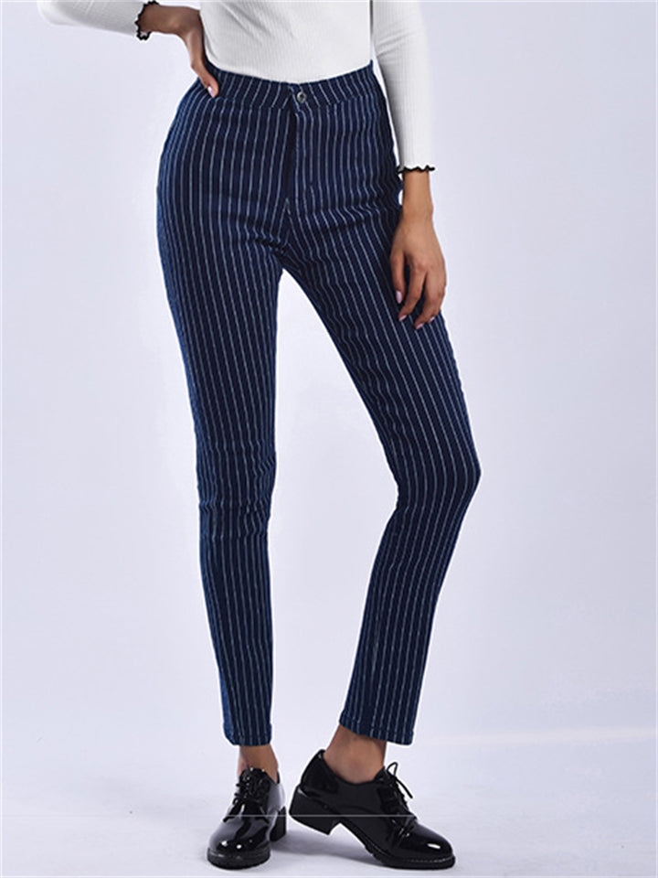 Slim Fit Blue White Stripe Fashion Women Denim Jeans