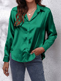 Super Soft Lapel Button Long Sleeve Silky Blouses for Office Lady