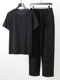 Comfy Two-Piece Outfit Front Button Short Sleeve T-Shirt + Drawstring Waistband Pants