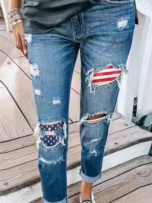 Tapered Fit Washed Effect Flag Printed Pocket Ripped Denim Pants