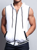 Sporty Loose Zip Up Sleeveless Training Muscle Hooded Vest for Men