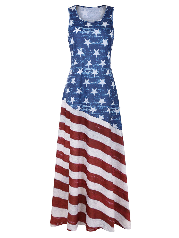 Vintage Flag Print Sleeveless Round Neck Maxi Dress