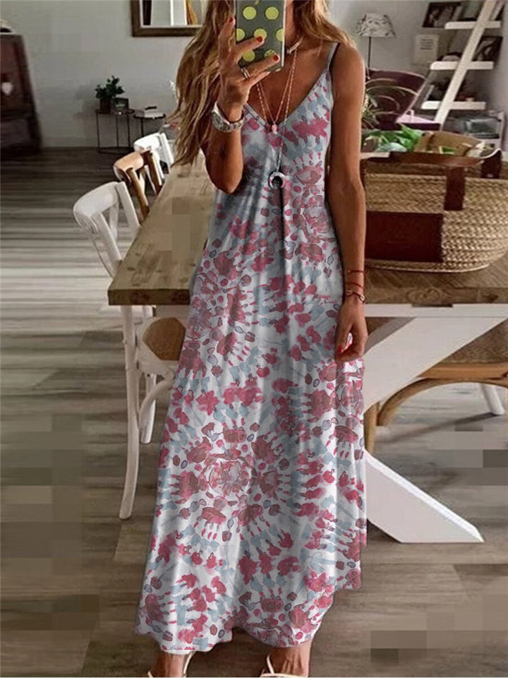 Spaghetti Strap Sleeveless V-Neck Mid-Length Multicolor All-Over Print Loose Fit Dress