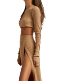 2-Piece Charming Round Neck Solid Color Sweater Loose Slit Hem Button Sweater Skirt