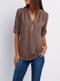 V-neck Zipper Loose Chiffon Blouses