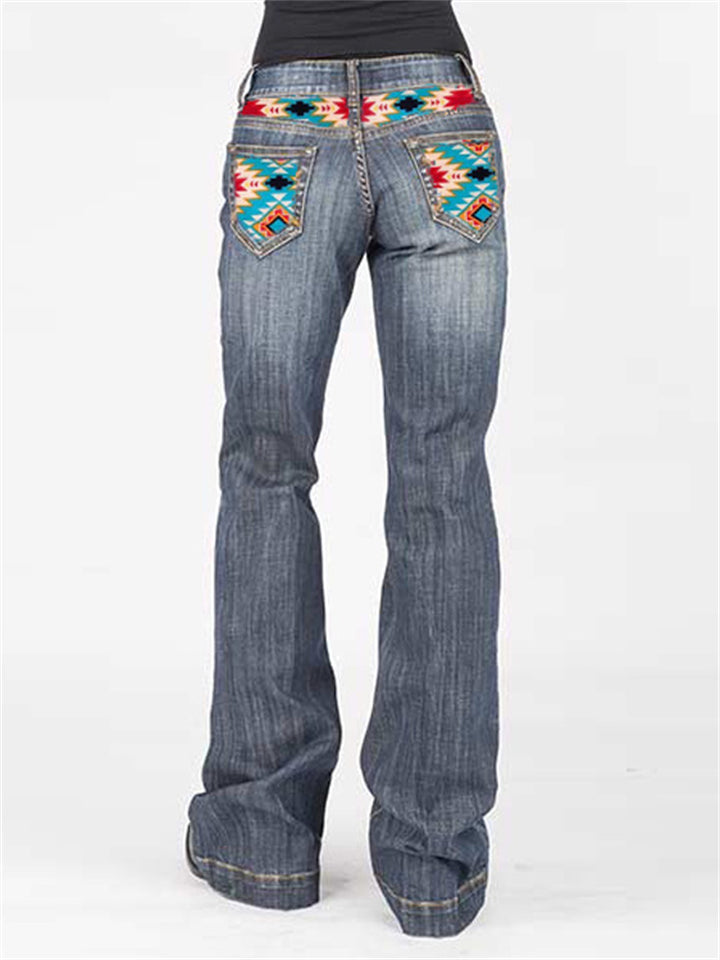 Women's Washed Effect Pocket Printed Denim Trousers
