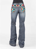 Women's Washed Effect Pocket Printed Denim Trousers