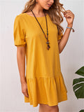 Linen Cotton Round Neck Pullover Solid Elastic Waist Female Dresses