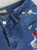 Women's Floral Embroidery Skinny White Spray Print Denim Jeans