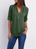 V-neck Zipper Loose Chiffon Blouses