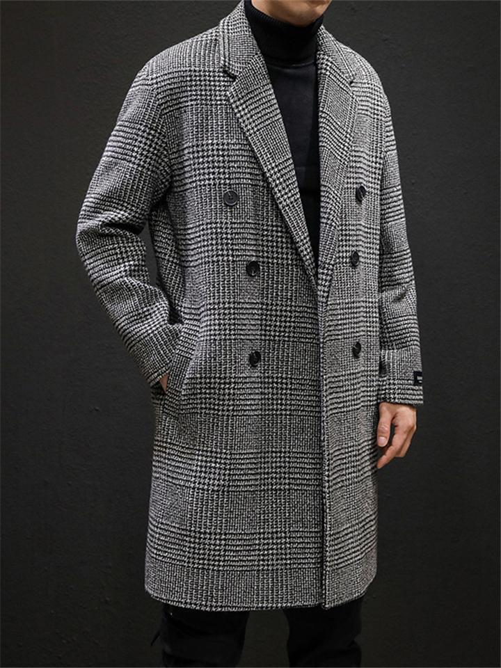 Loose Fit Notched Collar Double Breasted Woolen Plaid Coat