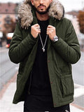 Mens Comfy Cotton Coat With Faux Fur-Trimmed Hood