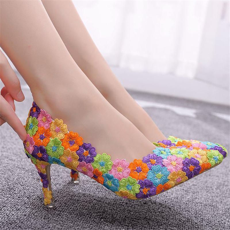 Colorful Lace Flowers Pattern Slip-on Heels Shoes