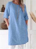 Women's Retro Short-Sleeved Round Neck Solid Color A-Line Dress