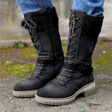Retro Style Chunky Low Heel Lace Up Knitted Mid-Calf Boots