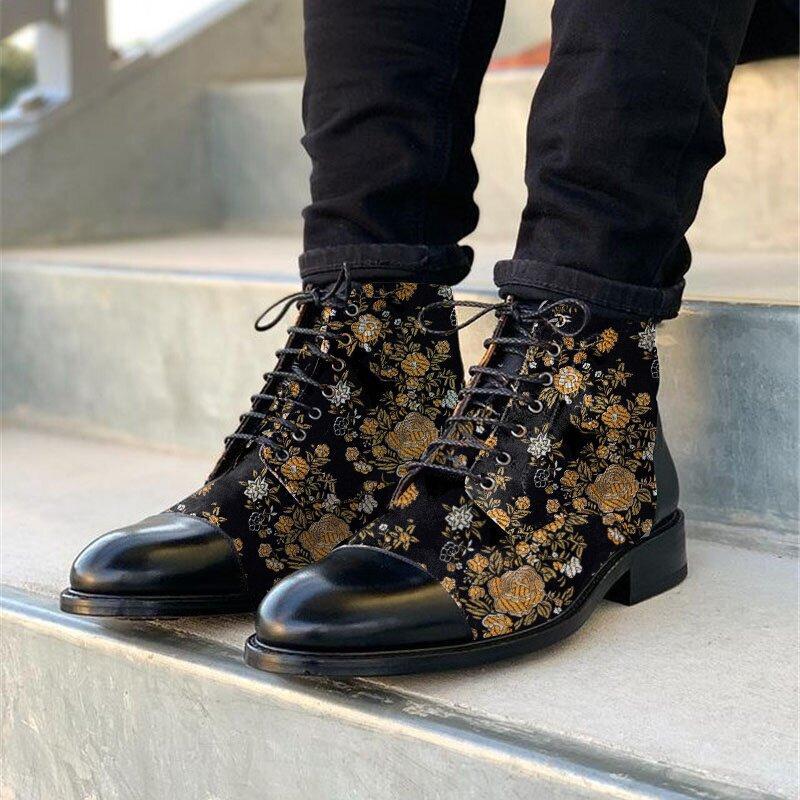 Men's Fashion Floral Printed Black Jack Boots