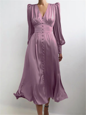 V-Neck Single Breasted High Waist Long Dress
