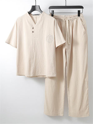 Mens Vintage Loose Casual Linen Short Sleeve T-Shirts+Pants