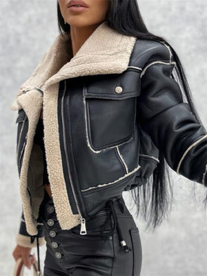 Female Cool Lamb Wool Coat Zipper Motorcycle Jacket