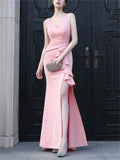 New Elegant V-Neck Sleeveless High Slit Design Soft Maxi Evening Dresses