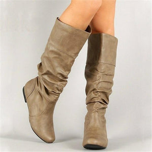 Fashion Slouch Leather Mid-Calf Flat Boots