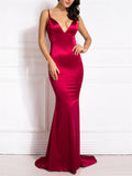 New Elegant Sexy Backless Satin Strappy Deep V Neck Floor Length Evening Dresses