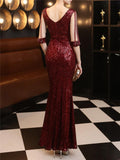 Shiny Sequin Round Neck Fitted Waist Maxi Ball Gown
