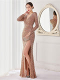 Graceful Long Sleeve Solid Color Sequins Fishtail Split Evening Dresses