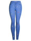 Campus Style Lovely Small Floral Embroidery Slim Fit Blue Denim Jeans