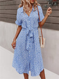 Floral Printed Lapel Swing Dresses