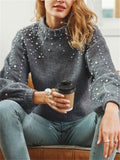 Trendy Round Neck Pearls Decorated Sweater