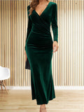 Women's Sexy Deep V Long Sleeve Bodycon Midi Fishtail Dress