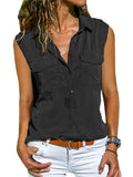 Womens Summer Casual Lapel Collar Button Front Sleeveless Blouses