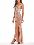 Exquisite Sequined One Shoulder Side Slit Dress for Prom