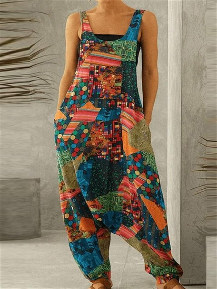 Trendy Loose Fit Scoop Neck Printed Sleeveless Pocket Jumpsuit