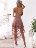 Pink Spaghetti Strap Floral Lace Asymmetrical Dress