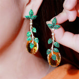 Personality Exaggerated Green Leaves Yellow Zircon Pendant Earrings