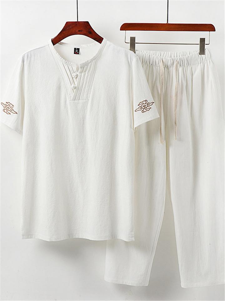 Men's Comfy Oversize Solid Color 2-Piece Outfit Retro Button T-Shirt + Drawstring Pants