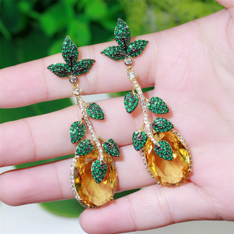 Personality Exaggerated Green Leaves Yellow Zircon Pendant Earrings
