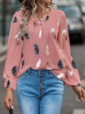 Women's Feathers Printed V Neck Puff Sleeve Chiffon Blouses