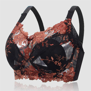 Flower Embroidered Jacquard Wireless Lace Bras - Black