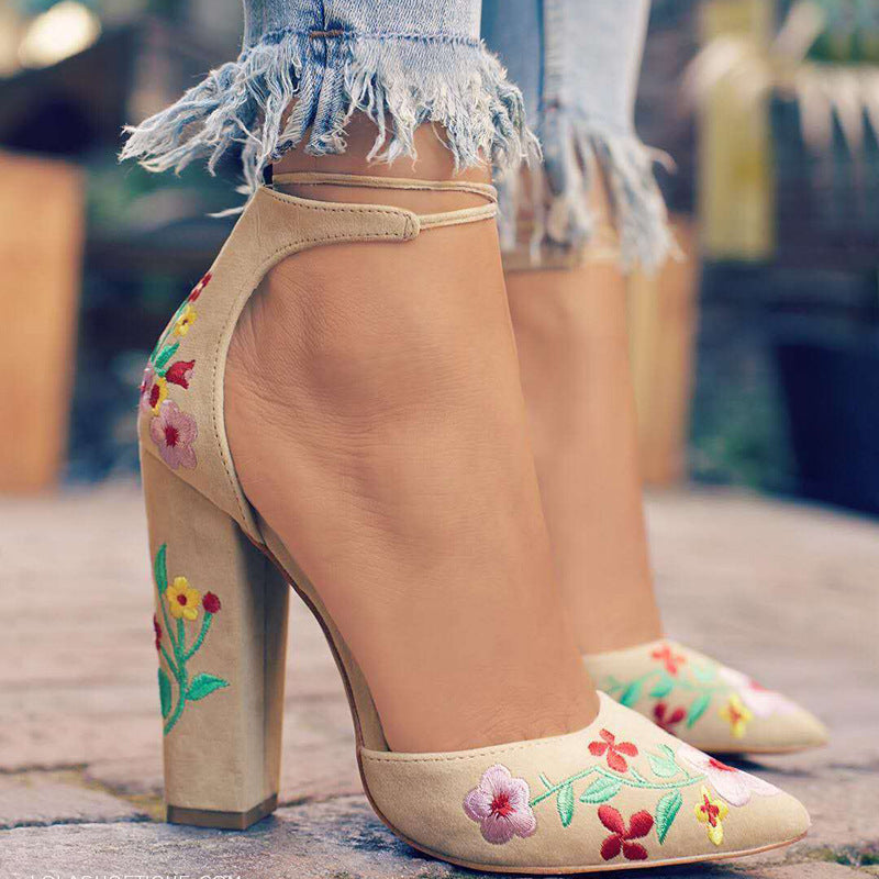 Beautiful Floral Embroidered High Heel Pumps Shoes