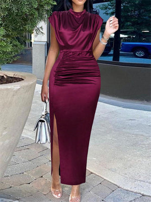 Women Wine Red Slit Sleeveless Dress