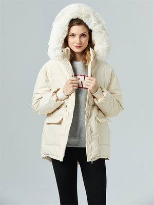 Winter Extra Warm Cotton-Padded Drawstring Waist  Faux Fur Hooded Coat for Women