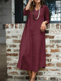 Loose Fit V Neck Long Sleeve Solid Color Pocket Maxi Dress