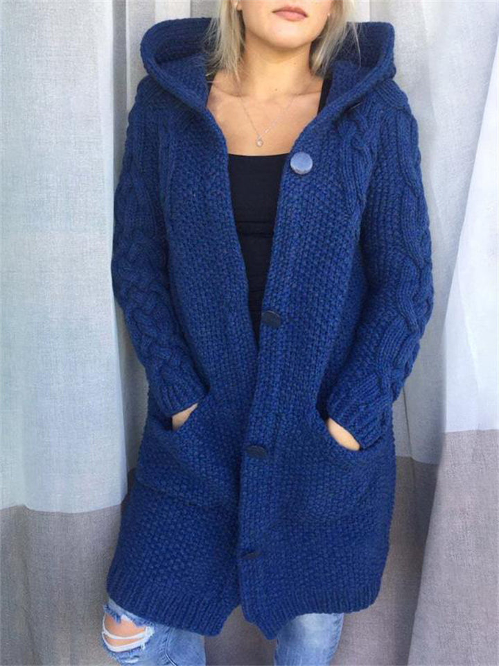 Women's Warm Buttoned Hooded Long Sweater Cardigan