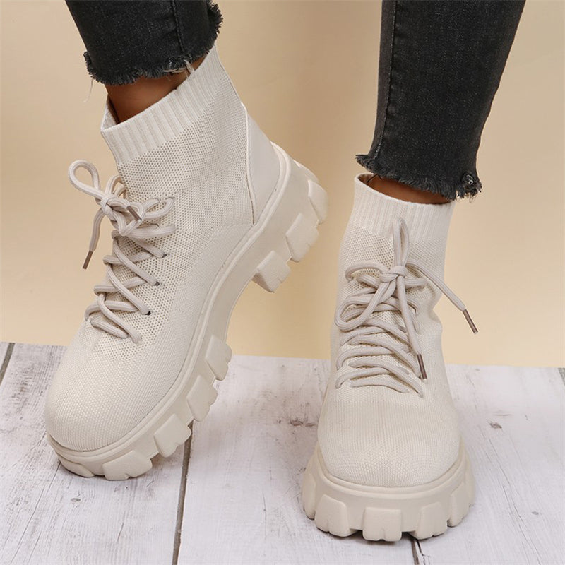 Female Trendy Round Toe Stretchy Mesh Thick Sole Martin Boots
