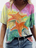 Loose Fit Multicolor Printed V Neck Pullover Short Sleeve T-Shirt